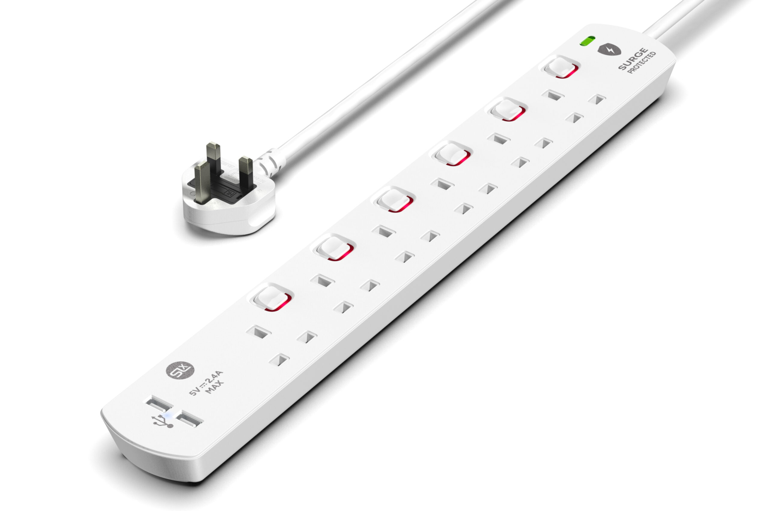 6 Gang Extension Lead 1m - (USB, Switched, Surge Protected & Neon)