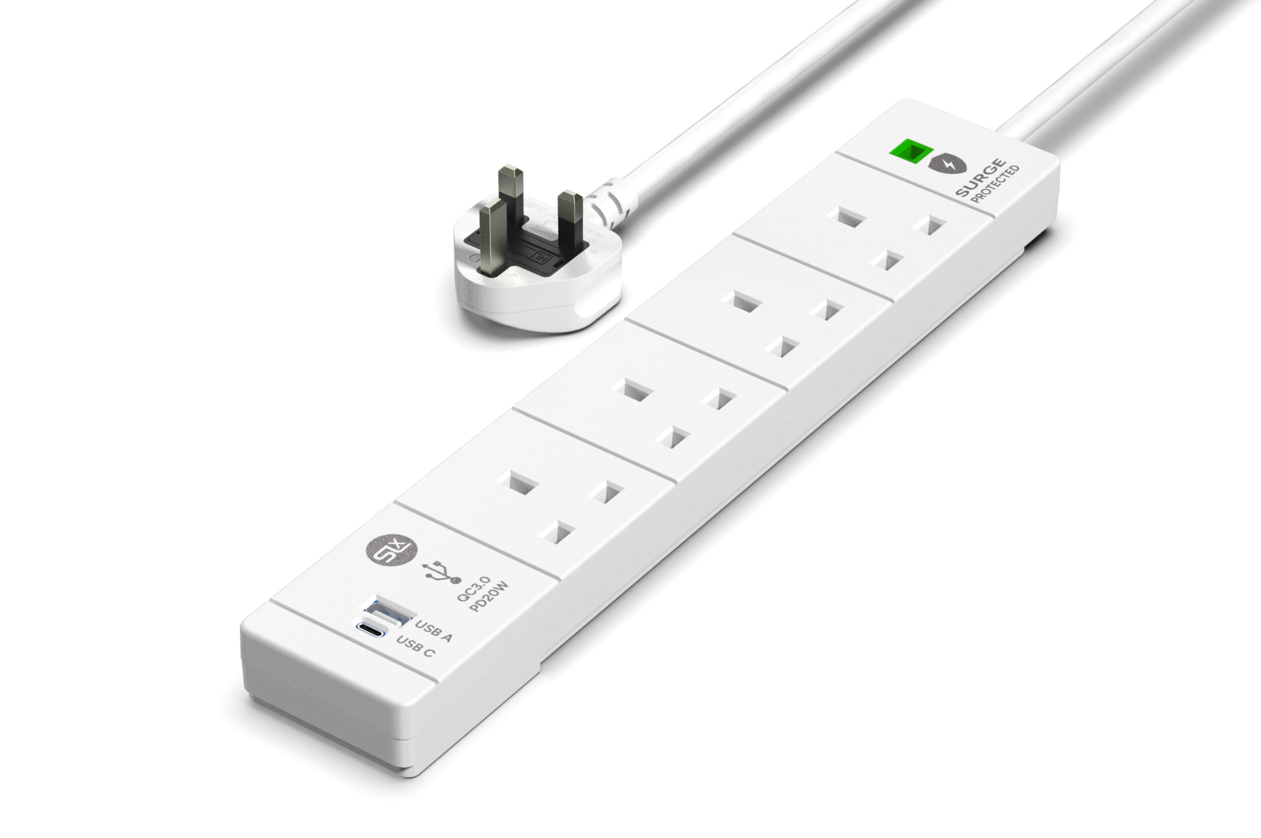 4 Gang Extension Lead 1m - (USB-A, USB-C PD20W, Surge Protected & Neon)