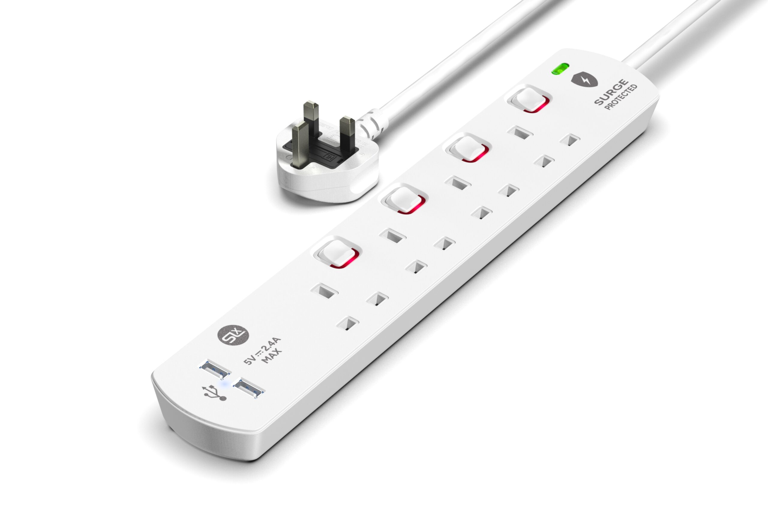 4 Gang Extension Lead 2m - (USB, Switched, Surge Protected & Neon)