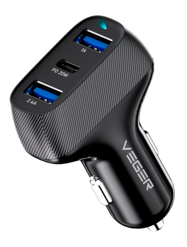 Veger Car Charger PD37W, 3 Outputs, USB-C (PD20W), Dual USB-A (5V3.4A), Fast Charging