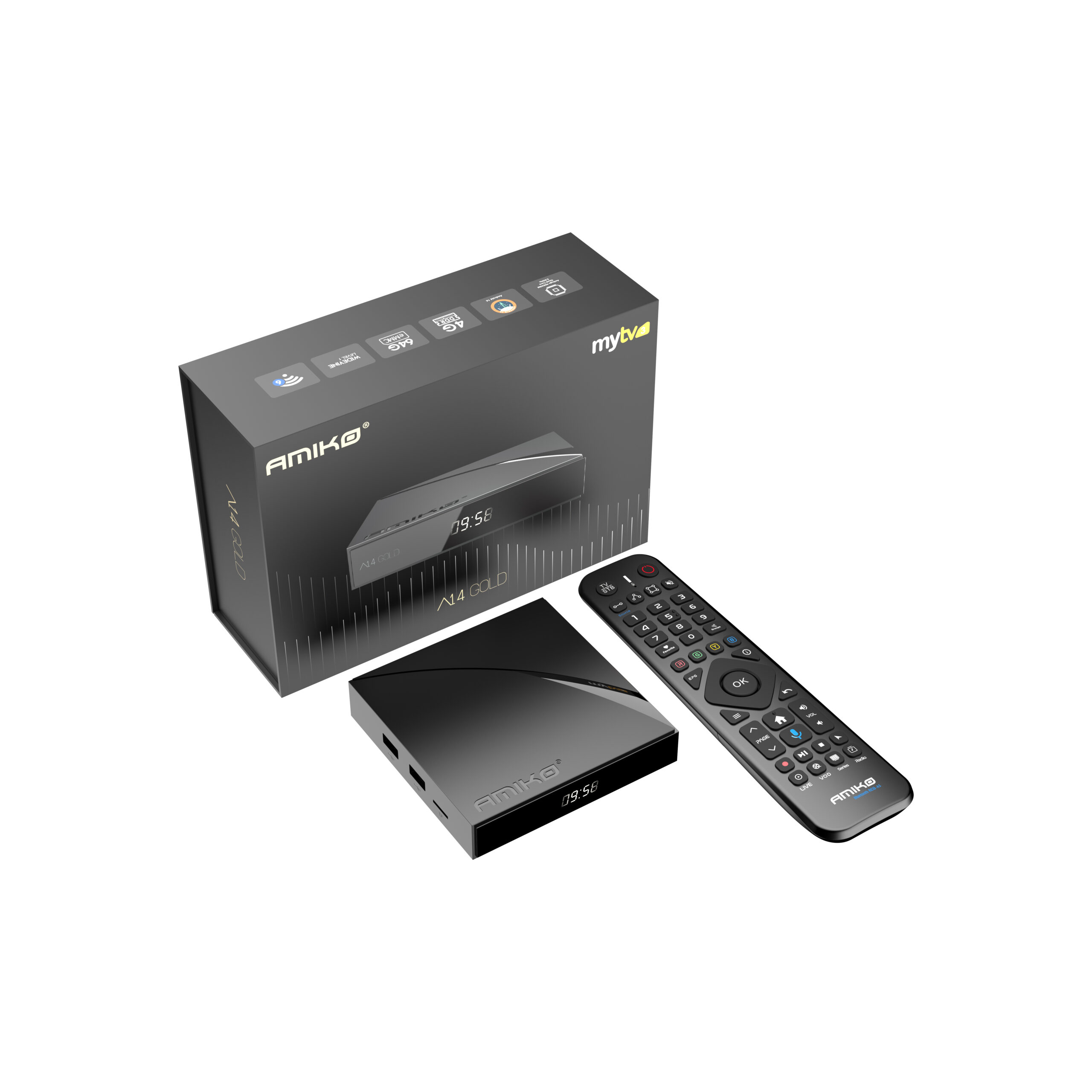 Amiko A14 GOLD OTT 4K Digital Media Player with Bluetooth Remote
