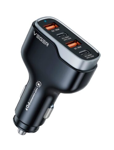 Veger Car Charger 66W, 4 Outputs, Dual USB-C (PD30W), Dual USB-A (QC18W), Fast Charging